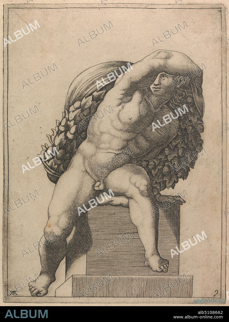 Male Nude from Panel of 'The Sacrifice of Noah', Print made by Adamo 'Ghisi' Scultori, ca.15301585, after Michelangelo, 1474/14751564, Italian, 1550 to 1585, Engraving on medium, slightly textured, cream laid paper.