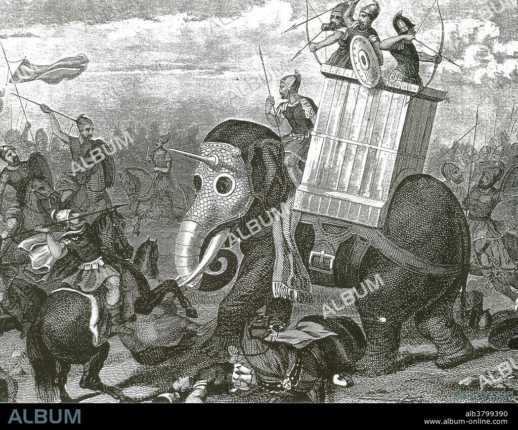 Artist rendering of an elephant battle in antiquity from the Picture Atlas by Friedrich Arnold Brockhaus. No date or location given. The elephant armored with a howdah wears a head plate with a spike. The trunk is protected with movable plates and the whole body is covered with a coat of mail in the style of a knight. A war elephant was an elephant trained and guided by humans for combat. Their main use was to charge the enemy, trampling them and breaking their ranks. A division of war elephants is known as elephantry. They were first employed in India, the practice spreading out across south-east Asia and westwards into the Mediterranean.