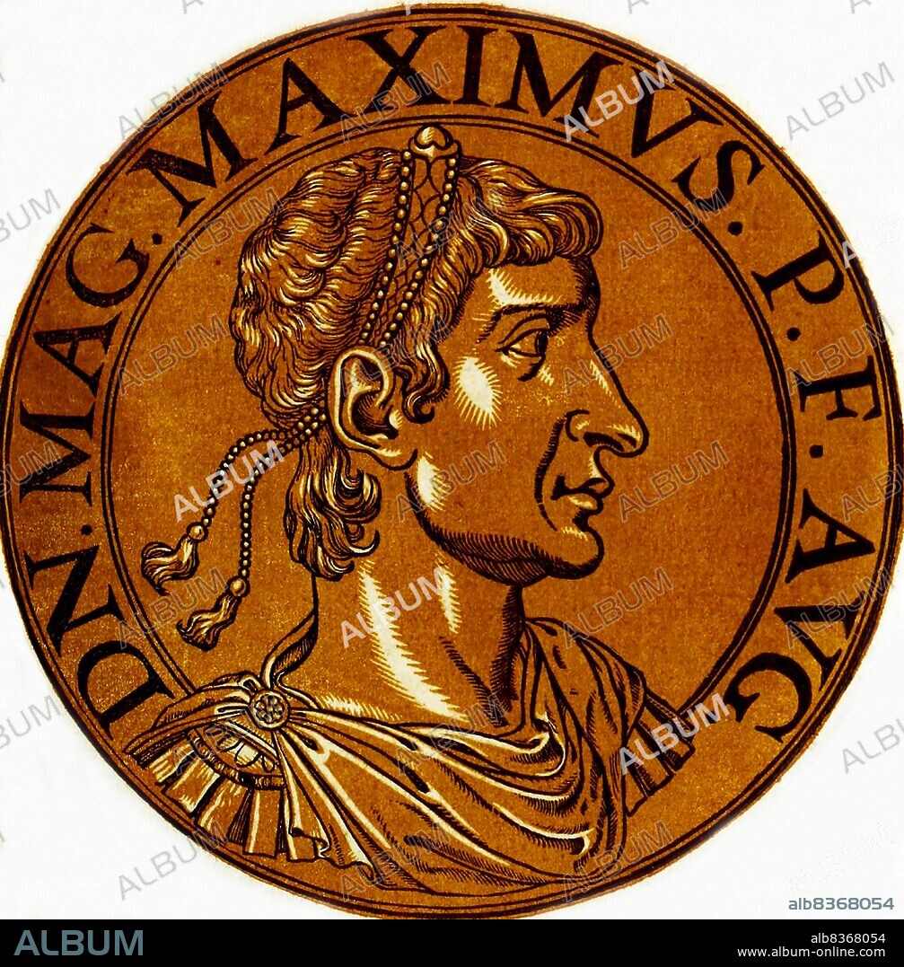 Italy: Magnus Maximus (335-388), Western Roman emperor, from the book <i>Icones imperatorvm romanorvm</i> (Icons of Roman Emperors), Antwerp, c. 1645.<br/><br/>. Magnus Maximus (335-388) was born in Gallaecia, and would later become a distinguished general serving under Count Theodosius, father of Emperor Theodosius I, fighting in Africa and on the Danube, as well as during the Great Conspiracy in Britain, where he would later be permanently assigned in 380. When the people became displeased with the western emperor Gratian, his troops proclaimed Maximus emperor, and aided him in his imperial ambitions.