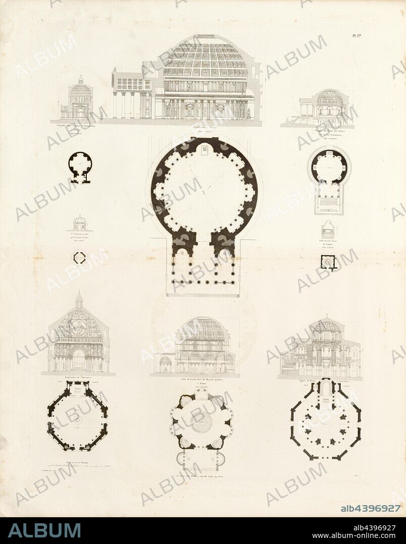 Structures with circular and octagonal plan 1, Panthéon d'Agrippa, Salle de Bains, à Pompei, Salle de bain dit de Minerva Medica, Monument to the Praieestina, Baptistère de Florence, Eglise de Saint-Vital, à Ravennes, San Giovanni in oleo, à Rome, Chapelle dans l'église San Bernardino, à Vérone, signed: E. Isabelle mens., & del, Hibon sc, A. Lévy fils Editeur, Pl. 1, p. 32, Isabell, Charles Édouard (mens et del.); Hibon, Auguste (sc.); Lévy, A fils (ed.), Charles Édouard Isabelle: Parallèle des salles rondes de l'Italie. Paris: Librairie d'Architecture de A. Lévy, 1863.