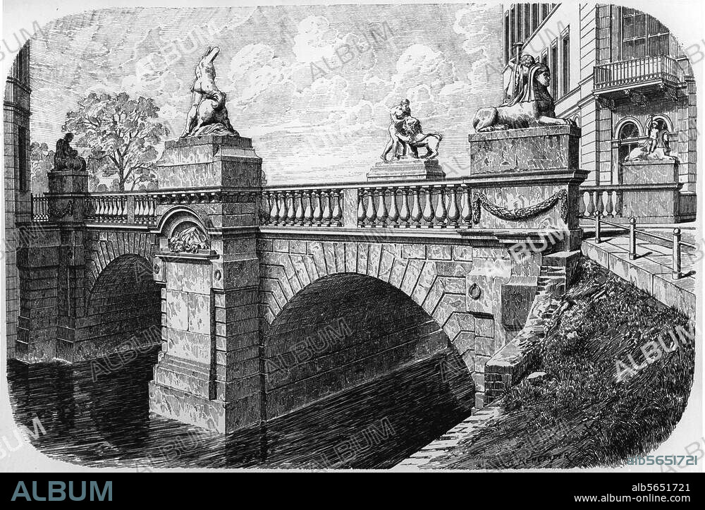 Berlin, Herkulesbrücke über den Königsgraben. (erb. 1787/88; Arch.: C.G.Langhans; Skulpturen: Johann Gottfried Schadow). Ansicht. Holzstich, vor 1890.