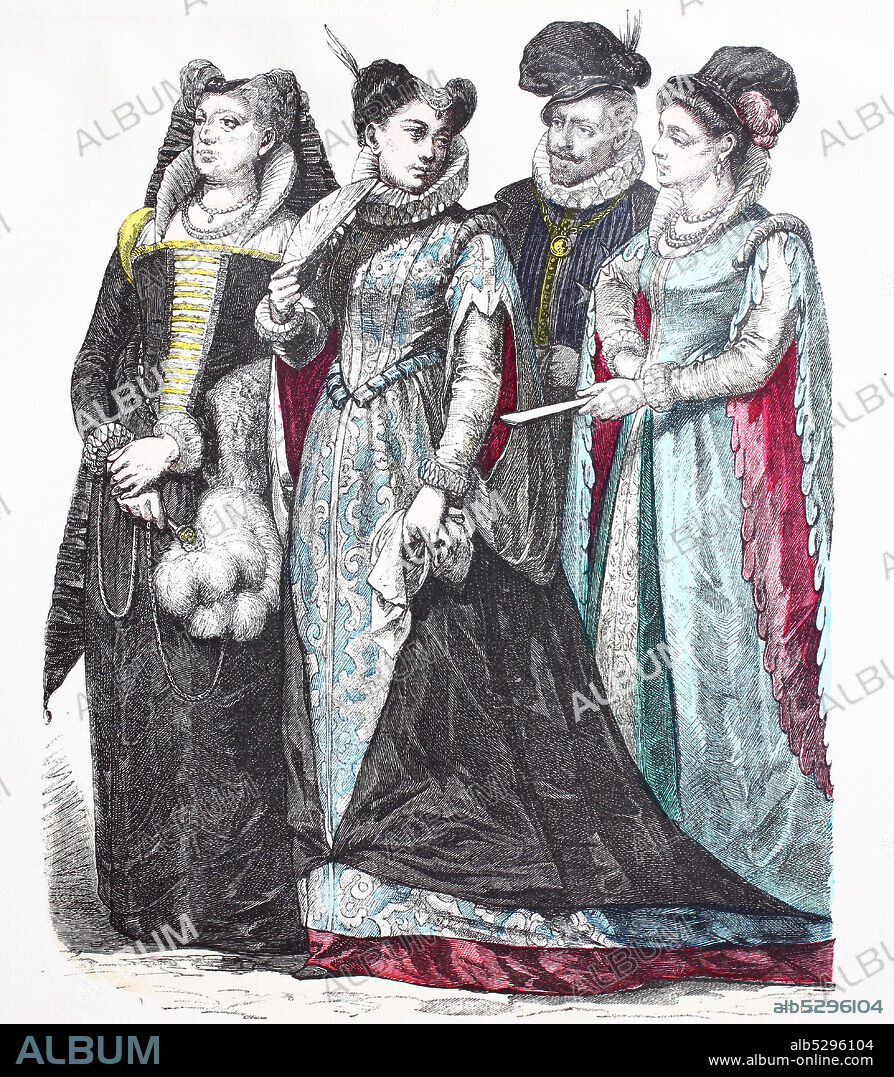 National costume, clothes, history of the costumes, student in Padua and farmer, Italy, in 1570-1600, Volkstracht, Kleidung, Geschichte der Kostüme, Studenten in Padua und Bäuerin, Italien, 1570-1600.