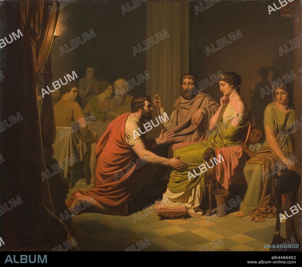 August Malmström, Odysseus before Alcinous, King of the Phaeacians, Odysseus before King of the Fajak Alkinoos, painting, 1853, oil on canvas, Height, 64.5 cm (25.3 inches), Width, 77 cm (30.3 inches), Signed, A. Malmström 1853, down right, in red oil paint.
