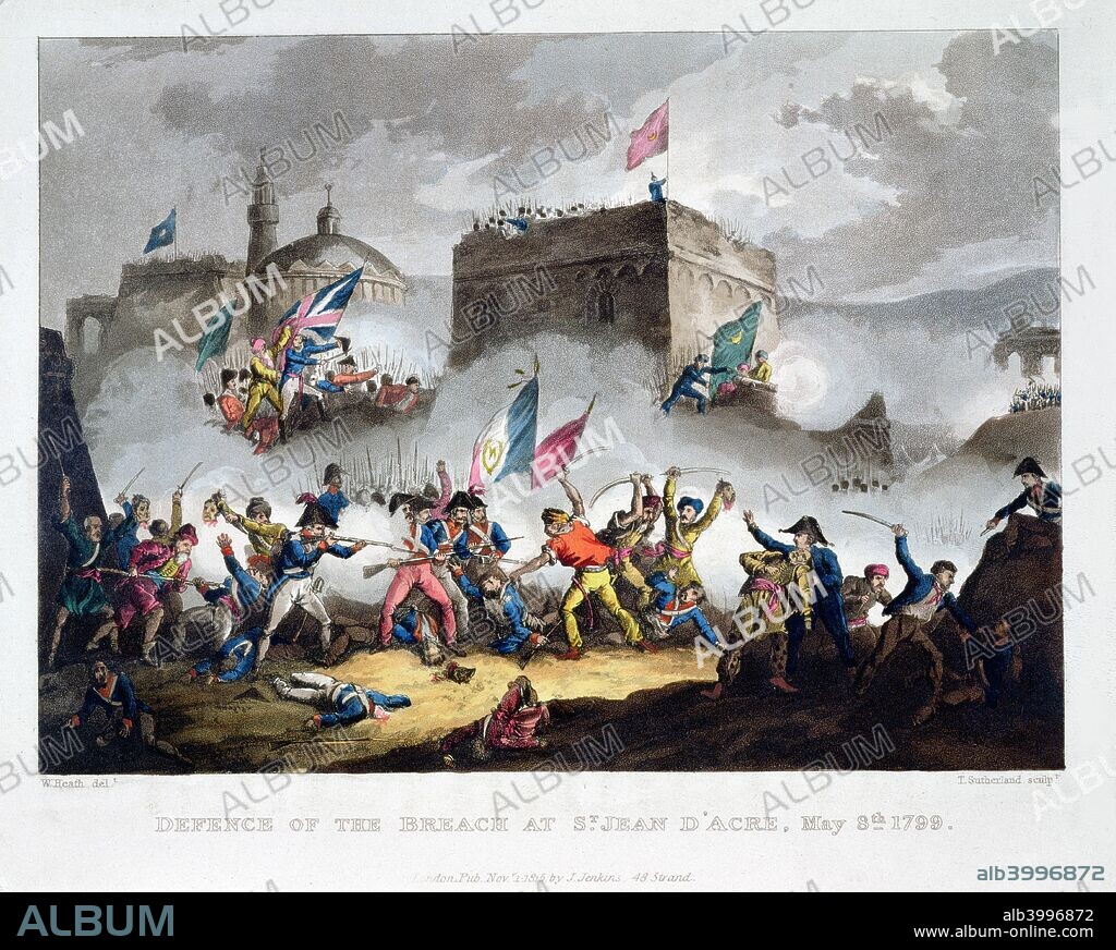 'Defence of the breach at St Jean d'Acre, May 8th 1799', 1815. Scene from Napoleon's failed attempt to take the city of Acre from the Ottomans and British during his campaign in the Holy Land in 1799. From The Martial Achievements of Great Britain and her Allies from 1799 to 1815, by James Jenkins, 1815.