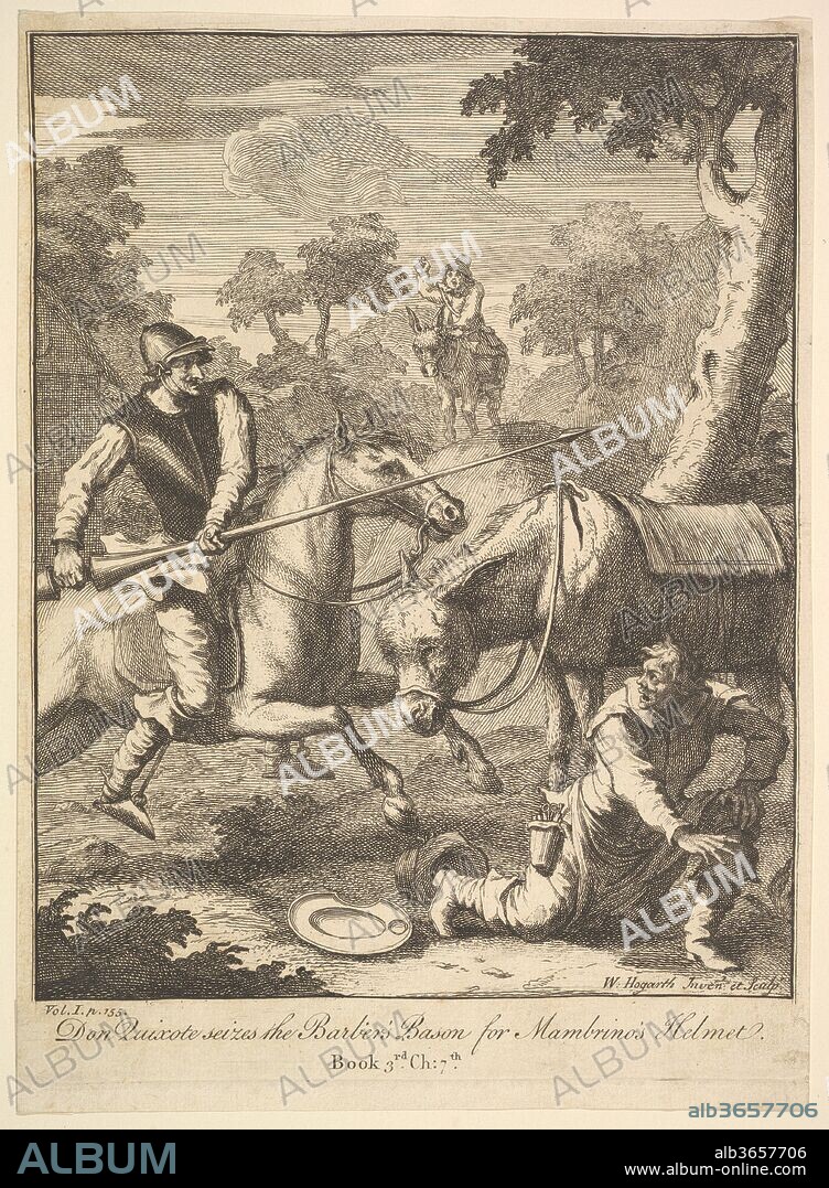 The Adventure of Mambrino's Helmet (Six Illustrations for Don Quixote). Artist: William Hogarth (British, London 1697-1764 London). Author: Illustration of Miguel de Cervantes Saavedra (Spanish, Alcalá 1547-1616 Madrid). Dimensions: sheet: 9 15/16 x 7 5/16 in. (25.2 x 18.5 cm). Date: 1756 or after.