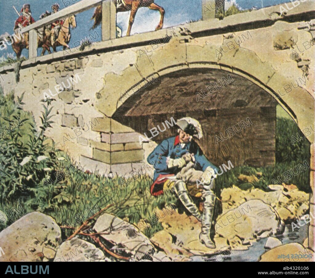 Frederick the Great evades capture, 1745, (1936). 'Friedrich Der Grosse Entgeht Der Gefangennahme, 1745'. King Frederick the Great of Prussia hides under a bridge with his dog. Frederick (1712-1786) is known for his many military victories and for his success against great odds in the Seven Years' War. From "Bilder Deutscher Geschichte", (Pictures of German History), No.12, cigarette card album. [Cigaretten-Bilderdienst, Altona-Bahrenfeld, Hamburg, Germany, 1936].
