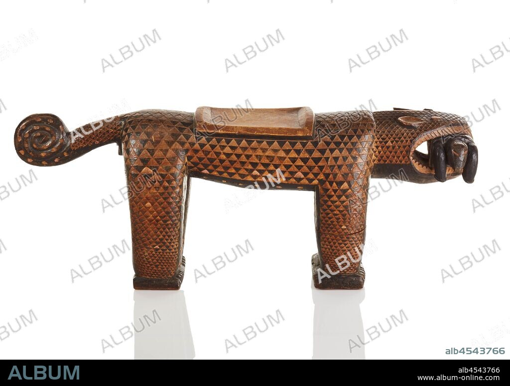 stool in the form of a leopard, Baule people, 20th century, wood, pigment, 18-1/2 x 14-3/4 x 12 in., African Art.
