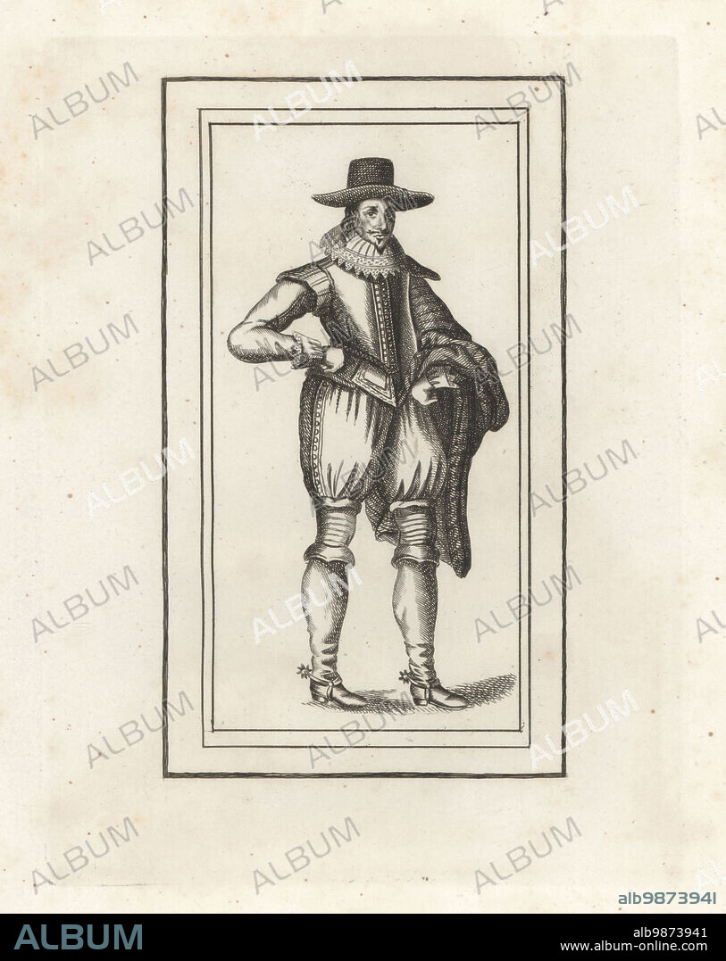 Portrait of an English dandy called Nim, the Satirical Puppy, 1637. Perhaps its author T.M., Thomas May, English poet, dramatist and historian, 1594-1650. In wide-brim hat, cioak, ruff collar, doublet, breeches and boots with spurs. Frontisipiece to The Life of a Satyrical Puppy called Nim. Copperplate engraving from Samuel Woodburns Gallery of Rare Portraits Consisting of Original Plates, George Jones, 102 St Martins Lane, London, 1816.