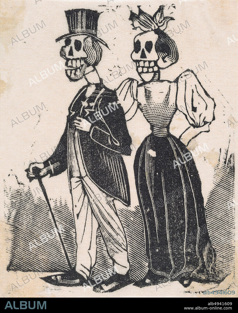 José Guadalupe Posada, Two elegantly dressed skeletons walking, from a broadside entitled, 'El Gran Panteon Amoroso,' published by Antonio Vanegas Arroyo., José Guadalupe Posada (Mexican, 18511913), ca. 18801910, Etching on zinc, Sheet: 3 1/4 × 2 5/8 in. (8.3 × 6.7 cm), Prints.