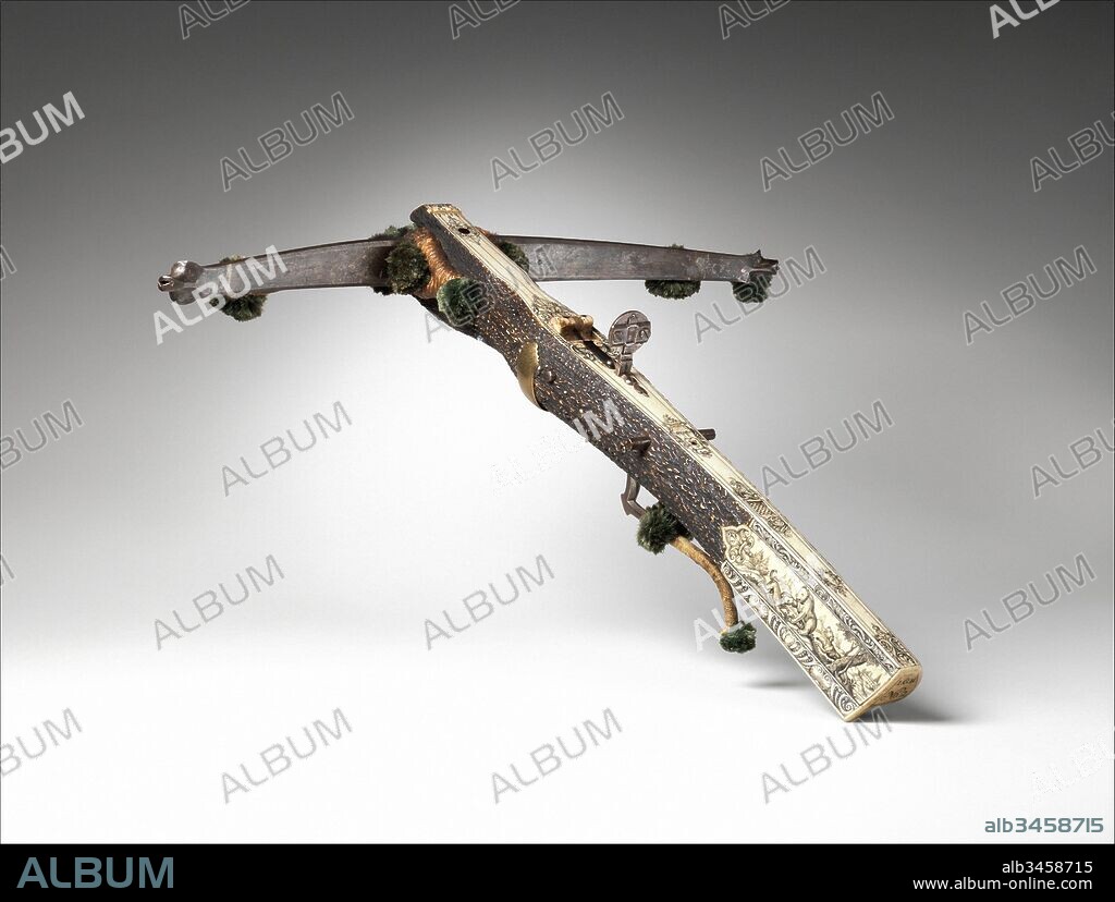 Crossbow (Halbe Rüstung) with Winder (Cranequin), dated 1742, Dresden, Saxony, German, Dresden, Steel, wood, staghorn, copper alloy, hemp, wool, gold, iron alloy, L. of crossbow, 28 13/16 in. (73.2 cm); W. of crossbow, 24 15/16 in. (63.3 cm); Wt. of crossbow, 10 lb. 7 oz. (4,817 g); L. of cranequin (without crank), 14 1/4 in. (36.2 cm); L. of crank, 10 3/4 in. (27.3 cm), Archery Equipment-Crossbows, Crossbow by Johann Gottfried Hänisch the Elder (German, Dresden 1696–1778), This is one of a series of similar bows by Hänisch the Elder for the court of Friedrich August II, Elector of Saxony from 1733 to 1763 and King Augustus III of Poland from 1734 to 1736.