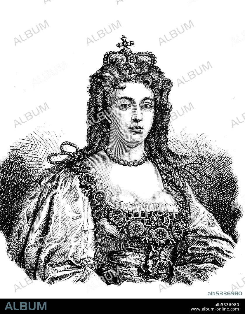 Anne Stuart, February 6, 1665 - August 1, 1714, Queen of the Kingdom of Ireland from 1702 to 1714, Queen of both the Kingdom of England and the Kingdom of Scotland from 1702 to 1707, and the first Queen of the Kingdom of Great Britain from May 1, 1707, after the union of the two kingdoms  /  Anne Stuart, 6. Februar 1665 - 1. August 1714, von 1702 bis 1714 Königin des Königreiches Irland, von 1702 bis 1707 Königin sowohl des Königreiches England als auch des Königreiches Schottland und ab dem 1. Mai 1707, nach der Vereinigung beider Königreiche, die erste Königin des Königreiches Großbritannien, Historisch, historical, digital improved reproduction of an original from the 19th century / digitale Reproduktion einer Originalvorlage aus dem 19. Jahrhundert,.