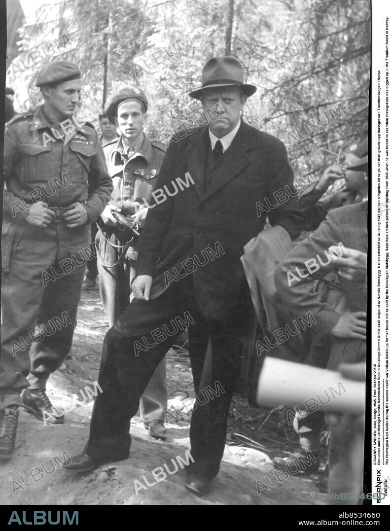 © SCANPIX SWEDEN, Oslo, Norge, 1945, Foto: NTB 20520. Den under andra världskriget Norske Nazistledaren Vidkun Quislings bostad Gimle skall säljas ut av Norska Statsbygg. Här en arkivbild av Quisling 1945 när han tvingades att se på när man grävde upp massgravar i Trandumskogen i Norge.. ----------------------------------------------------------------------------. The Norwegian Nazi leader during the second world war Vidkun Quislings former house will be sold by the Norwegian Statsbygg. Seen here archive picture of Quisling from 1945 when he was forced to see when massgraves was digged up in the Trandum forest in Norway.