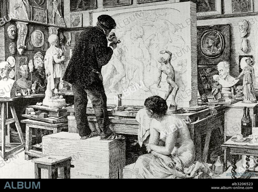 Coin d'atelier (1880). Engraving after a canvas of the French painter Edouard Joseph Dantan (1848-1897). "La Ilustracion Espanola y Americana", 1880.