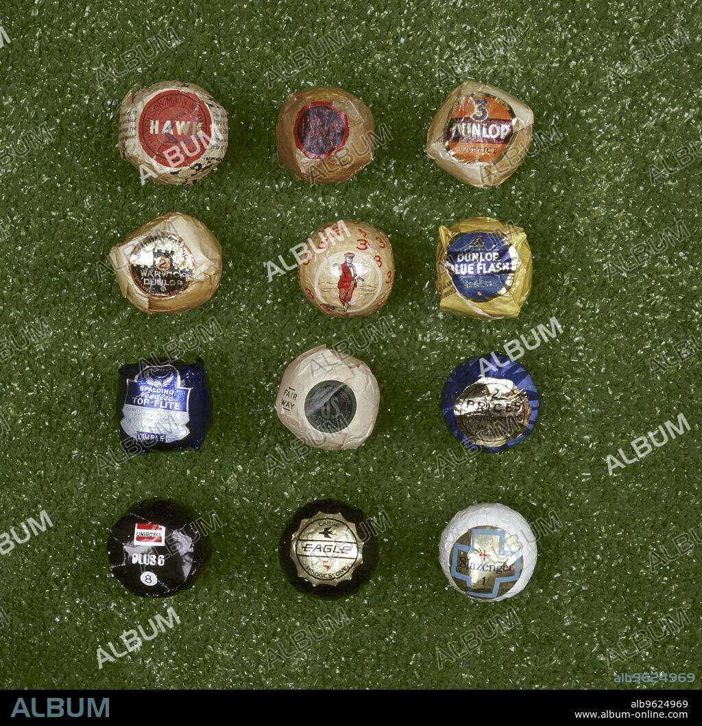 SPALDING, US RUBBER COMPANY, HUTCHISON MAIN & COMPANY, DUNLOP RUBBER COMPANY, UNIROYAL, BRIDGESTONE CORPORATION y SLAZENGER. Selection of wrapped golf balls, 20th century. Top row: Hutchison Main & Company Hawk; rubber-core floater, 1907; Dunlop Lattice; row 2: Dunlop Warwick; Colonel; Dunlop Blue Flash; row 3: Spalding Top-Flite; US Rubber Company Fairway; Price's Everlasting; bottom row: Uniroyal Plus 6; Bridgestone Eagle; Slazenger Plus 1.62.