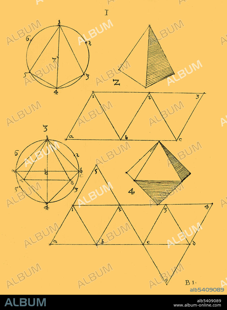 Polyhedral variations based on the five Platonic solids, or 'regular bodies': the tetrahedron, cube, octahedron, dodecahedron, and icosahedron. Etching from "A True and Thorough Instruction in Geometry," 1543, by Augustin Hirschvogel (1503–1553). Color enhanced.