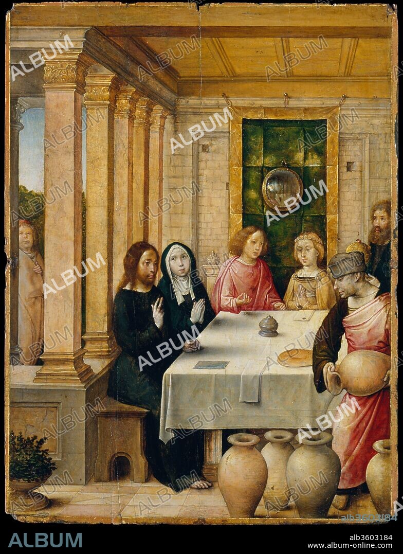 The Marriage Feast at Cana. Artist: Juan de Flandes (Netherlandish, active by 1496-died 1519 Palencia). Dimensions: 8 1/4 x 6 1/4 in. (21 x 15.9 cm). Date: ca. 1500-1504.
This was one of forty-seven panels representing the lives of Christ and the Virgin that were made for Isabella of Castile. The picture's subject is the marriage feast at Cana, when Christ performed his first miracle turning water into wine. The convex mirror, seen behind the married couple, is a common motif in Netherlandish painting. The preparatory underdrawing reveals a number of anecdotal details that were never painted. Their elimination could be indicative of the painter's moving from a Flemish to a more Spanish mode, and may reflect the more austere style of presentation favored by Isabella and her religious advisors.