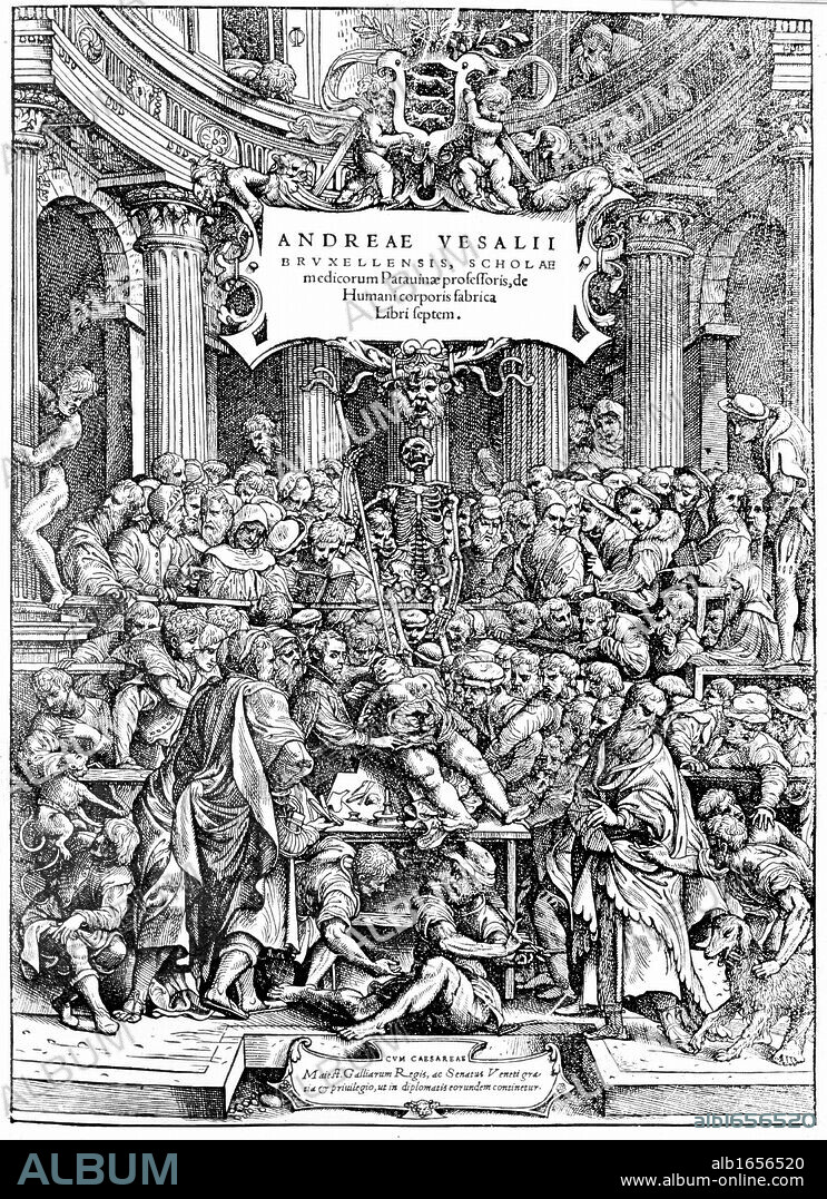 Title page of Andreas Vesalius 'De Humani Corporis Fabrica', Basel, 1543, showing Vesalius dissecting a body.