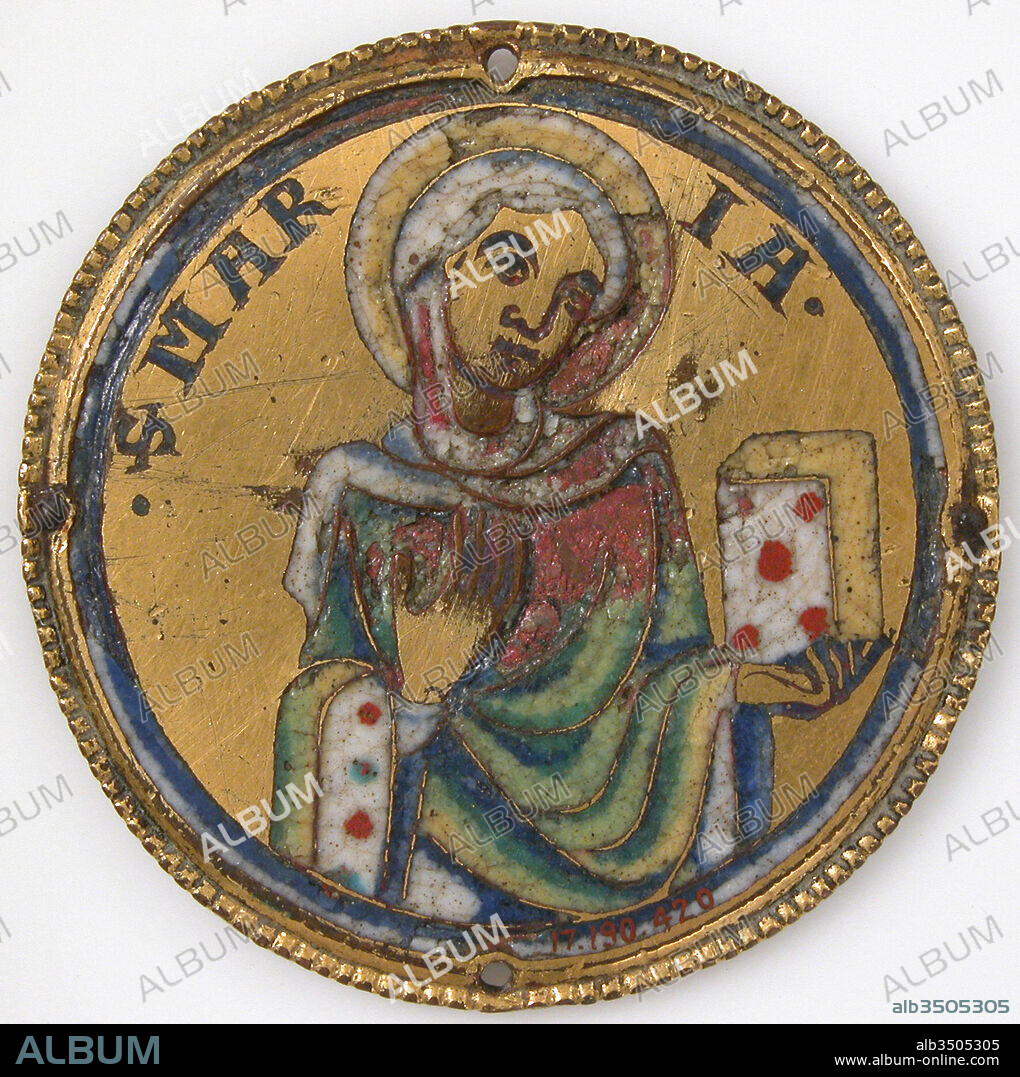 Roundel with the Virgin, ca. 1150–1200, Made in Meuse Valley, Netherlands, South Netherlandish, Champlevé enamel, copper alloy, gilt, Overall: 2 7/16 x 1/8 in. (6.2 x 0.3 cm), Enamels-Champlevé.