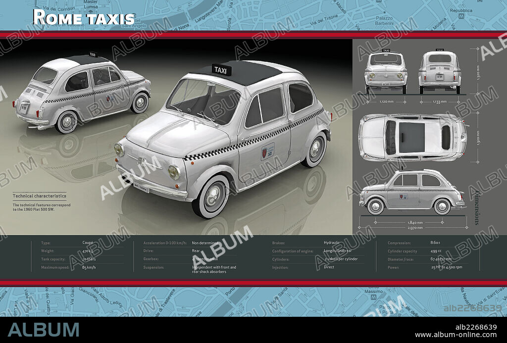 Rome taxis. Infographic about the technical features of the 1960 Fiat 500 sw, model used as taxis in Rome.