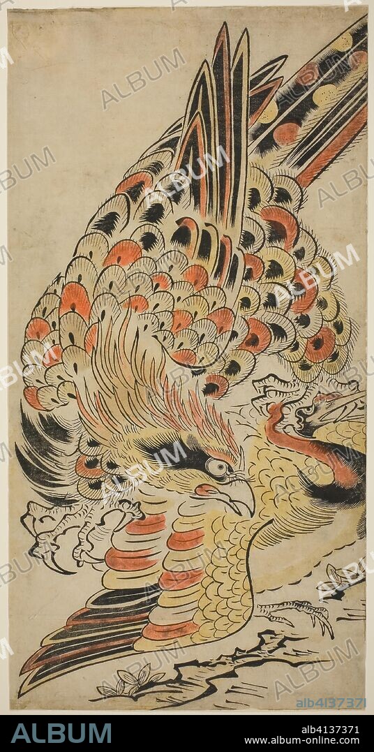 A Hawk Capturing a Crane in Flight. Attributed to Torii Kiyomasu I; Japanese, active c. 1704-18 (?). Date: 1710-1718. Dimensions: 56.0 x 28.5 cm. Hand-colored woodblock print; vertical o-oban, tan-e. Origin: Japan.