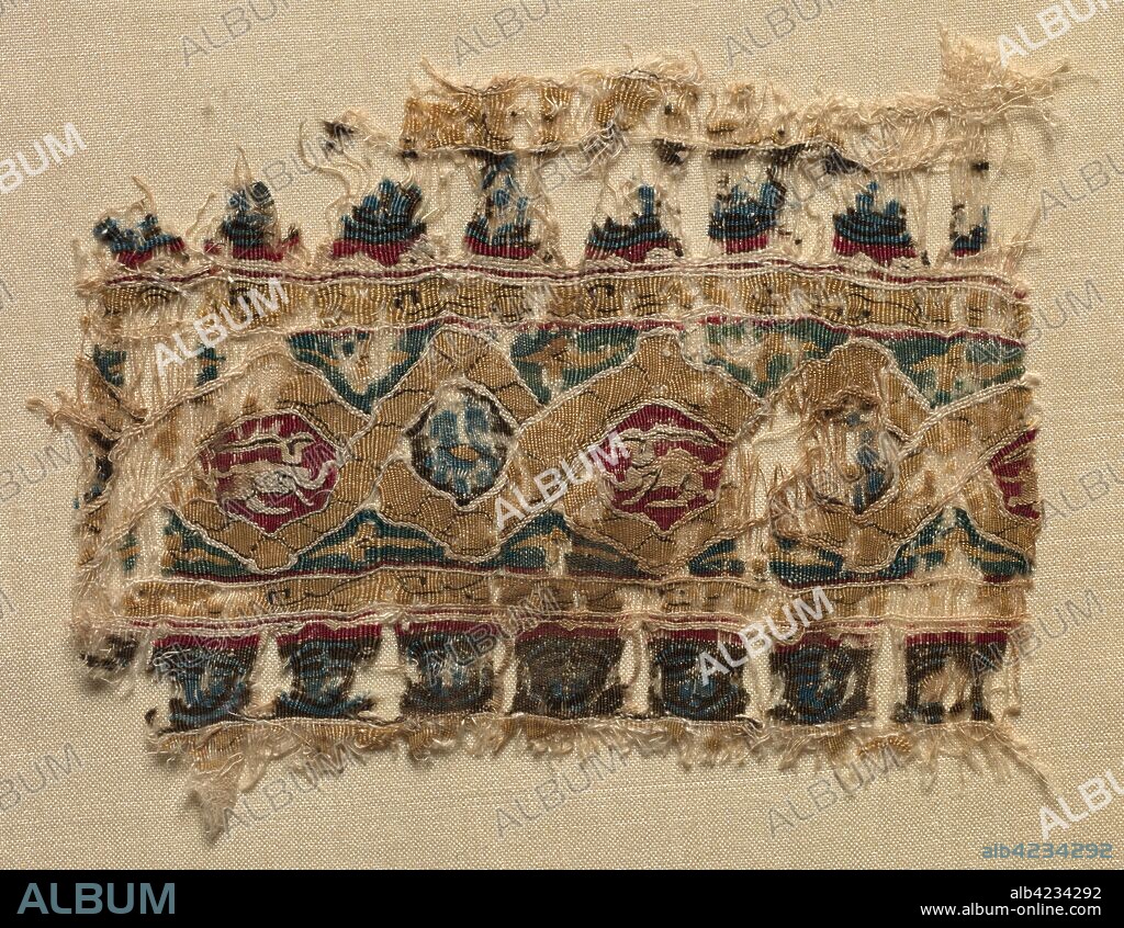 Fragment of a Tiraz-Style Textile, 1081 - 1101. Egypt, Fatimid period, Caliphate of al-Mustansir or al-Musta'li, c. AH 475-495 (A.D. 1081-1101). Tabby ground with inwoven tapestry ornament; linen and silk; overall: 9.6 x 12.1 cm (3 3/4 x 4 3/4 in.).