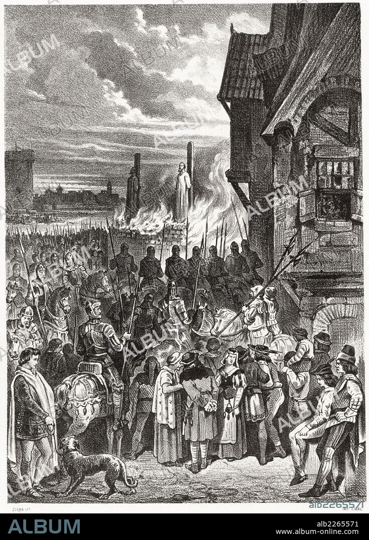 Historia de España. Proceso a los templarios y fin de la orden en 1307 con el proceso al gran maestre Jacques de Molay y ciento cuarenta templarios más que fueron torturados y quemados en la hoguera. Grabado de 1872.