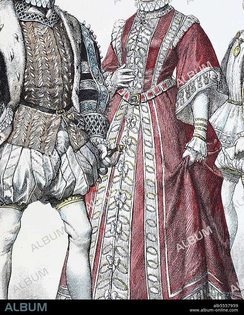 Folk traditional costume, clothing, history of costumes, Francis II Elizabeth in bridal suit, Francis II as Dauphin, France, 16th century, digitally restored reproduction of a 19th century original, exact date unknown, Europe.