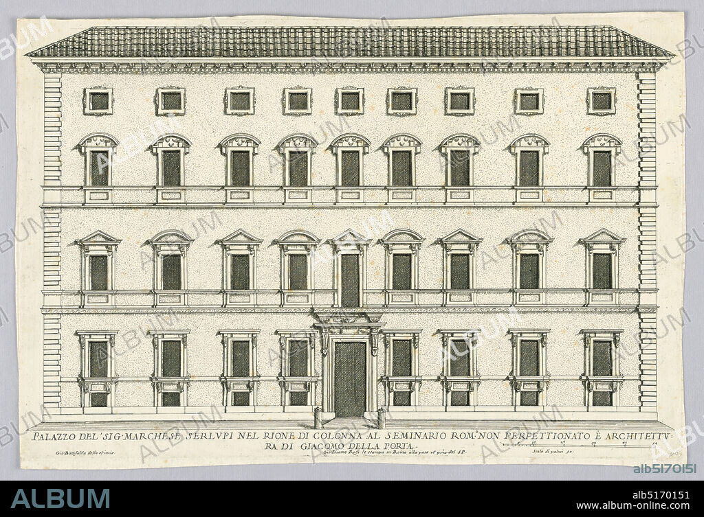 Palace of the Marchese Serlupi, Giovanni Battista Falda, Italian, 1643 - 1678, Giacomo della Porta, Italian, 1532 - 1604, Line and stipple engraving on paper, Europe, 17th century, Print, Print.