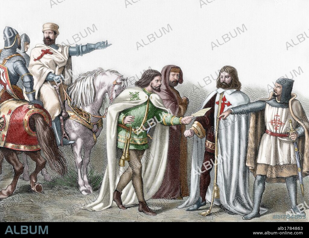 ORDENES MILITARES DE LA EDAD MEDIA. s. XII. De izquierda a derecha: caballeros de la ORDEN DEL TEMPLE, de ALCANTARA, de SANTIAGO y de CALATRAVA. Grabado coloreado del siglo XIX.