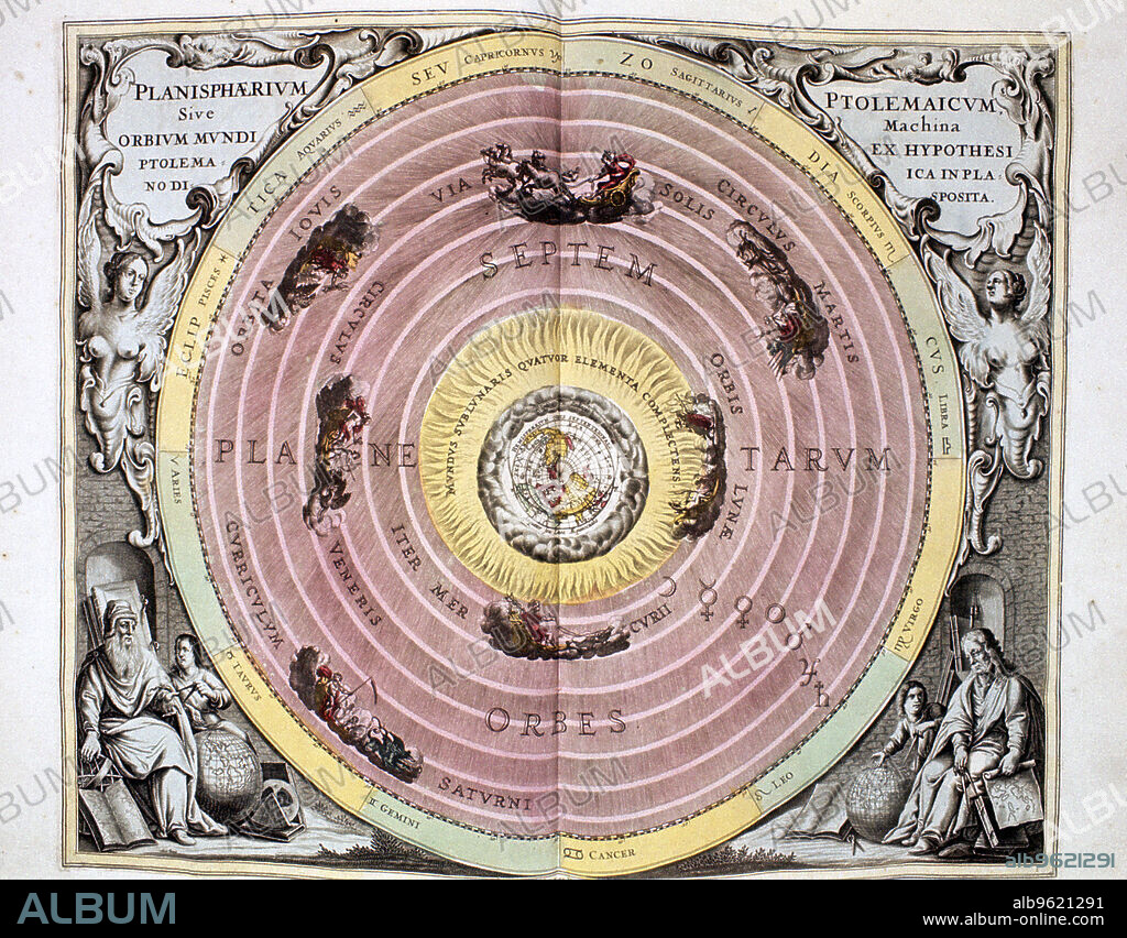Ptolemaic (geocentric/Earth-centred) system of the Universe, 1708. Earth surrounded by water, air and fire (representing the four Greek elements) and the spheres of the planets and stars. Proposed by Claudius Ptolemy in the second century AD, this model for the arrangement of the Universe was accepted scientific wisdom until Nicolaus Copernicus (1473-1543) proposed his alternative heliocentric (Sun-centred) scheme in 1543. From Harmonia Macrocosmicaby Andreas Cellarius. (Amsterdam, 1708).
