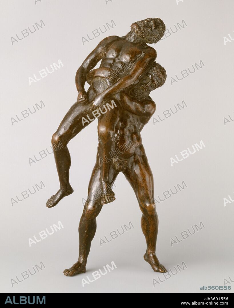 Hercules and Antaeus. Culture: Italian, probably Florence. Dimensions: Height: 11 1/4 in. (28.6 cm). Date: early 16th century.
This is a free copy of an ancient marble group that was much admired during the Renaissance. The marble, now in the Palazzo Pitti, Florence, was brought in fragmentary form to the Vatican Belvedere by Julius II and apparently reached the Medici collections as a gift of Pius IV in 1560.[1] Before then, the head and right arm of Antaeus and the lower legs of both figures were still missing. Until the restorations were carried out, artists accordingly had license to complete the group following their own fancy. Our sculptor chose to show Antaeus's head thrown back, as did Antico in his two statuettes of the composition (in Vienna and in the Victoria and Albert Museum).[2] A further innovation in this bronze is the curious placement of the hands of Antaeus.
The heavy, solid cast of reddish metal is worked all over by hammer strokes. Sharp creases delineate the folds of skin, but not all the metal has been chased cleanly away from adjoining areas, such as between the back of Antaeus and the shoulder of Hercules. The technique involves hardy and even rudimentary methods of casting and chasing, which might be expected of Florentines in the wake of Bertoldo di Giovanni (d. 1491). Little is known of Florentine bronzes of the first half of the sixteenth century, and exact parallels do not come readily to mind. In any case, the attribution to the Venetian artist Camelio (ca. 1460-1537), proposed in the 1962 Sotheby's catalogue (London, May 10, 1962, no. 139), is incorrect.
[James D. Draper, 1984]
Footnotes:
[1] F. Haskell and N, Penny, Taste and the Antique, New Haven and London, 1981, pp. 232-34.
[2] See A. Radcliffe, in Splendours of the Gonzaga (exhib. Cat.), London, Victoria and Albert Museum, 1981, no. 55.