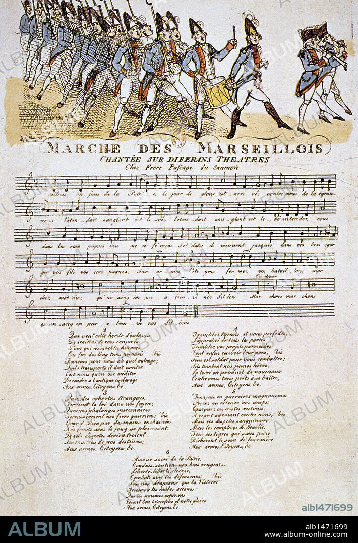 "LA MARSELLESA". Himno nacional francés (desde 1795). Compuesto por C. J. Rouget de Lisle (1792), recibió en un principio el título de "Canto de guerra del Ejército del Rin", pero al ser cantado por un batallón de voluntarios que entraron en París procedentes de Marsella, se convirtió en "La Marsellesa". Símbolo de Francia desde 1879. Museo Carnavalet. París.