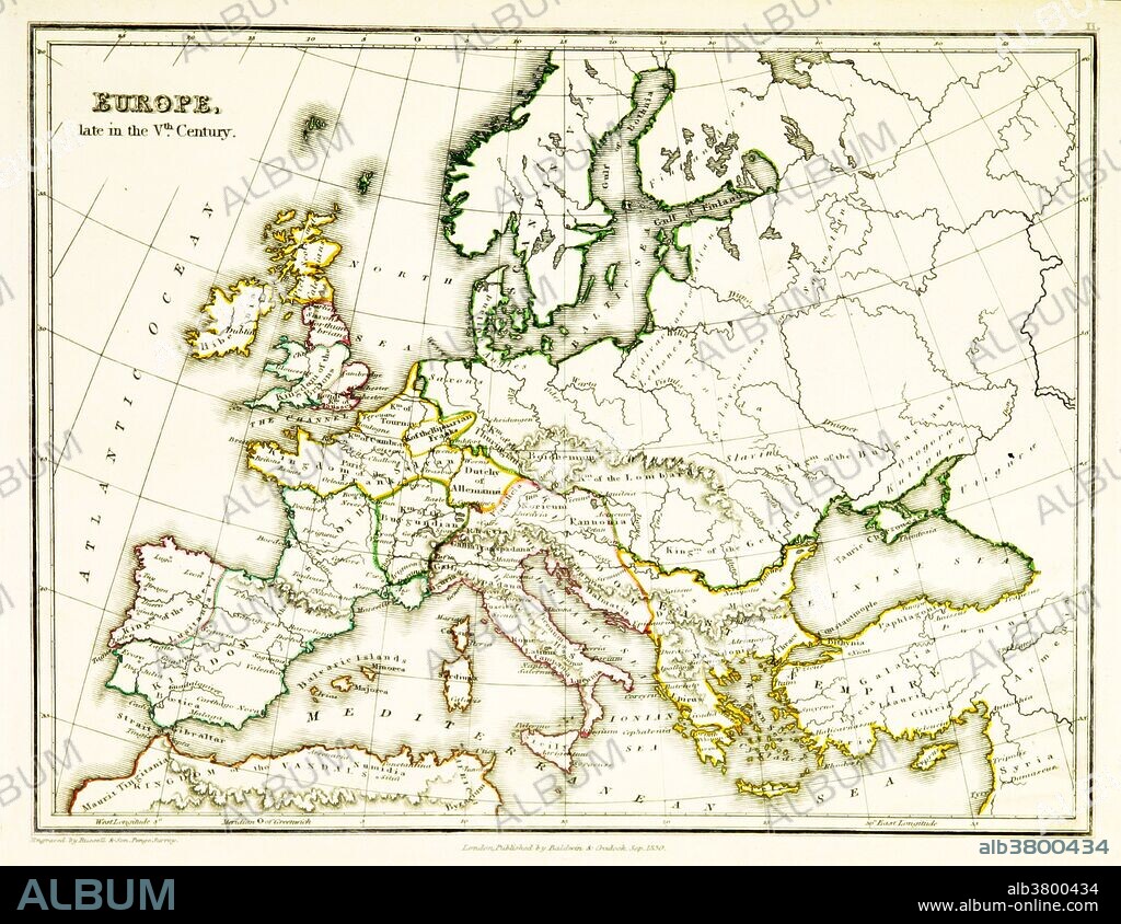 A map of Europe, showing territorial borders existing in the 5th century, after the Western Roman Empire had effectively collapsed. By 476 CE, when Odoacer deposed the Emperor Romulus, the Western Roman Empire wielded negligible military, political, or financial power and had no effective control over the scattered Western domains that could still be described as Roman. Map published in 1831.