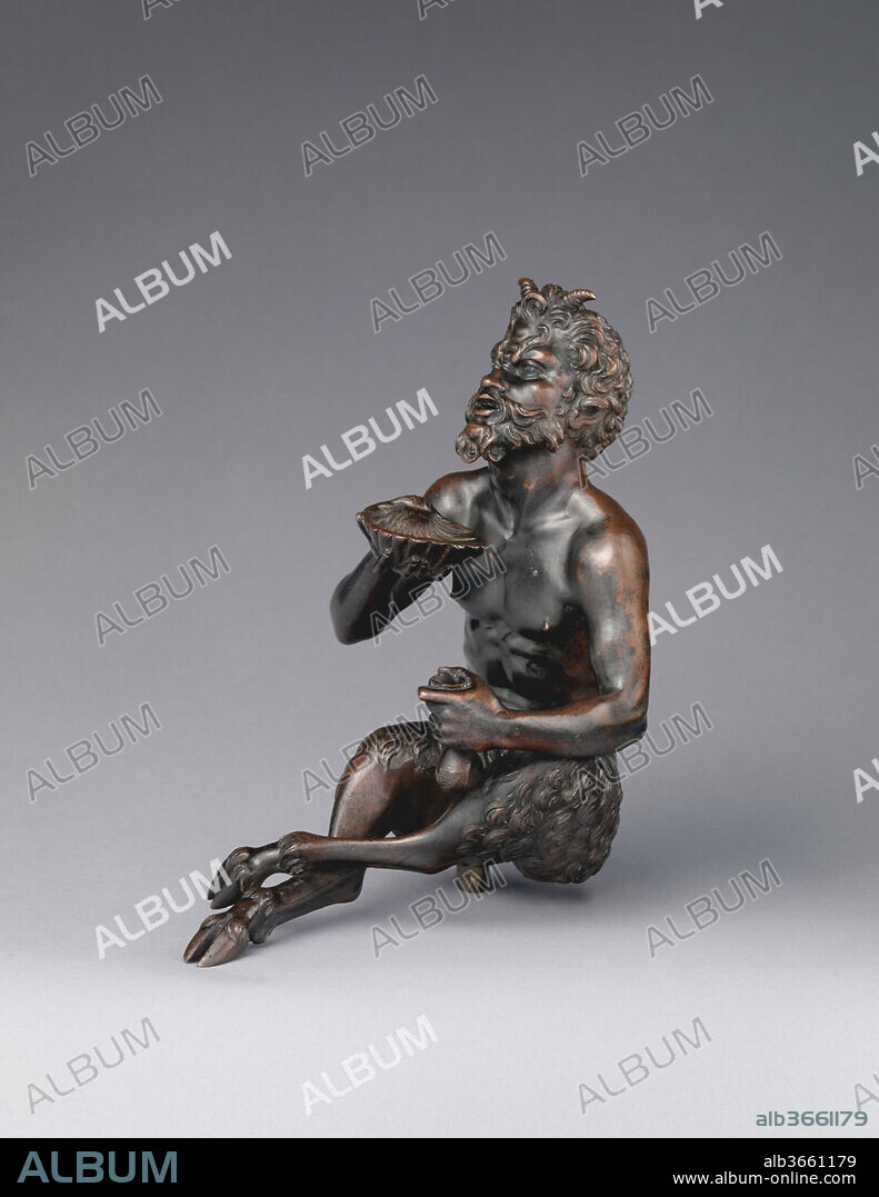 Seated Satyr with a Shell. Artist: Workshop of Andrea Briosco, called Riccio (Italian, Trent 1470-1532 Padua). Culture: Italian, Padua. Dimensions: Overall (confirmed): 8 1/4 × 4 5/8 × 6 1/2 in. (21 × 11.7 × 16.5 cm). Date: ca. 1520-30.
The object in the satyr's left hand, possibly s moneybag, is of later facture. Otherwise, the bronze is unusually crisply chased and an altogether superior product of the Riccio workshop. Its details, especially the hair, are more incisive than those of the seated satyr with inkwell, shell, and candlestick in the Frick Collection, New York, which bears the arms of the Paduan Capodivacca family, and much more so than related bronzes in Berlin-Dahlem and in the Louvre. A good variant was in the Chichester-Constable collection.[1] Although the alert poses greatly resemble each other, notably in the gracile grossing of the hooves, it is worth stressing that the composition of each member of this group was completely reworked, as was standard practice in the Riccio workshop.
[James David Draper, The Jack and Belle Linsky Collection in the Metropolitan Museum of Art, New York, 1984, p. 144, no. 57]
Footnotes:
[1] Sale, Christie's, London, July 19, 1927, no. 33.