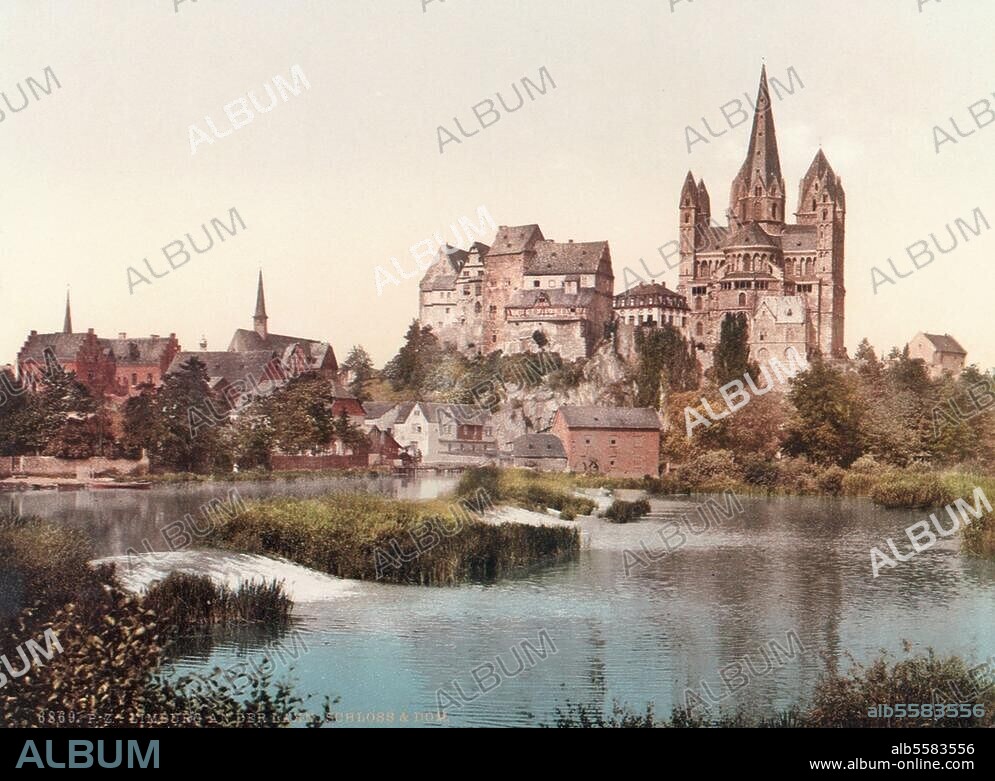 Limburg an der Lahn (Hessen), Dom St. Georg. (nach 1211 begonnen, Mitte 13. Jahrhundert vollendet). "Limburg a. d. Lahn. Schloß & Dom". Photochrom, Dezember 1896 (P.Z. 9642).