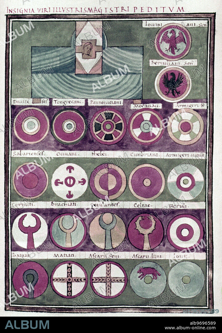 "Notitia Dignitatum". 1436 Basle. Insignia of the magister peditum. Roman document.