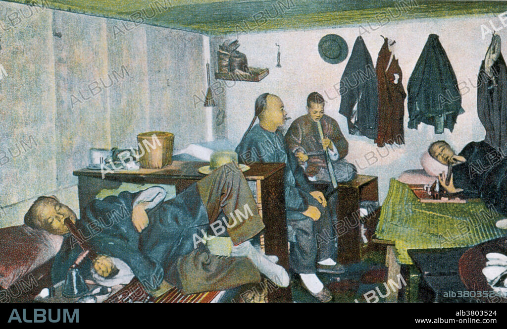 Postcard showing an underground opium den in San Francisco, pre-1906 earthquake. By 1896, there were around 300 opium dens in San Francisco, mostly in Chinatown. Opium is a narcotic drug obtained from the seeds of the opium poppy. It contains the chemicals morphine and codeine, as well as other alkaloids. The opium resin from the poppy is processed, and then burned in pipes. The smoker inhales the vapours from the burning resin. Opium is an addictive drug. In the 19th century and the early 20th century, opium smoking was common worldwide, especially in Asia, which was one of the sources of the opium poppy.