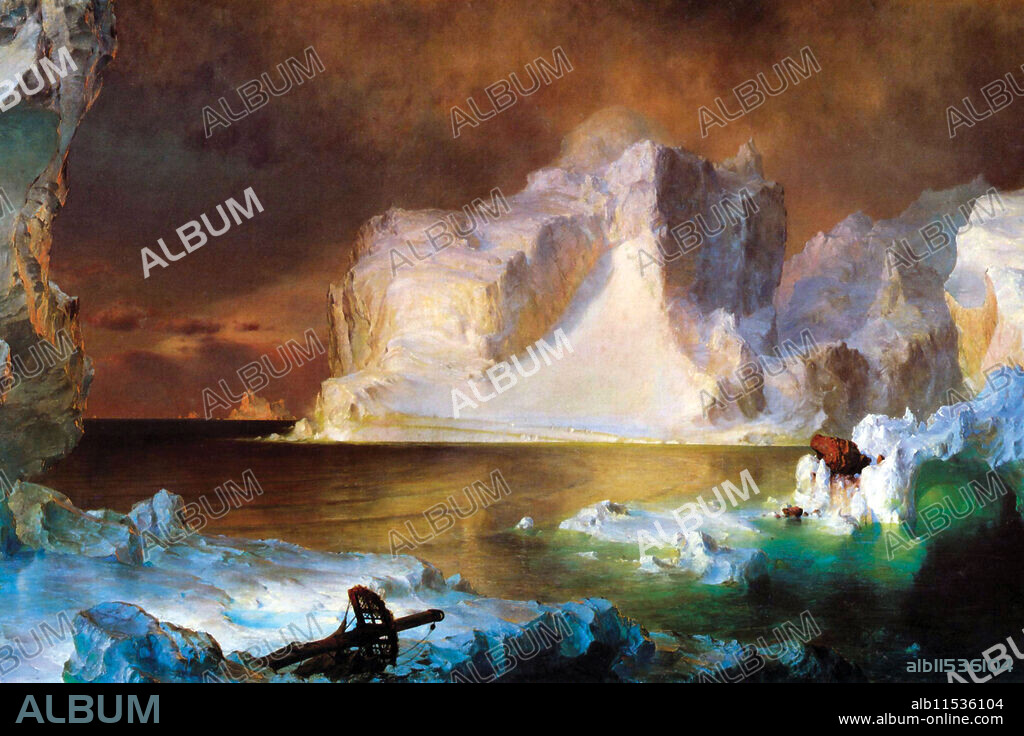 Icebergs in the Polar regions reveal their danger as a crush vessel is in the foreground of  an iceberg strewn sea.  Frederic Edwin Church (May 4, 1826 – April 7, 1900) was an American landscape painter born in Hartford, Connecticut. He was a central figure in the Hudson River School of American landscape painters, perhaps best known for painting large panoramic landscapes, often depicting mountains, waterfalls, and sunsets.