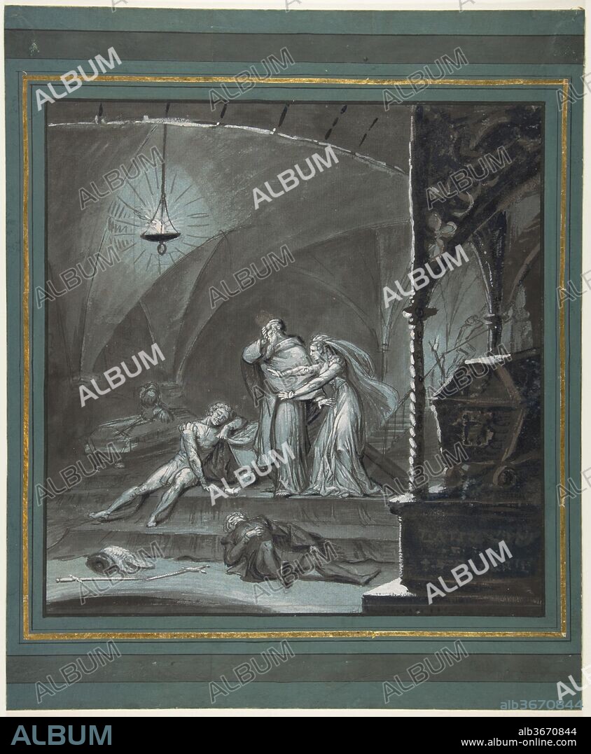 Friar Lawrence and Juliet Discover the Bodies of Romeo and Paris (Romeo and Juliet, Act 5, scene 3). Artist: Anonymous, French, 19th century. Dimensions: sheet: 13 1/8 x 12 5/8 in. (33.3 x 32.1 cm). Former Attribution: Formerly attributed to Anonymous, German, 19th century. Subject: William Shakespeare (British, Stratford-upon-Avon 1564-1616 Stratford-upon-Avon). Date: 19th century.