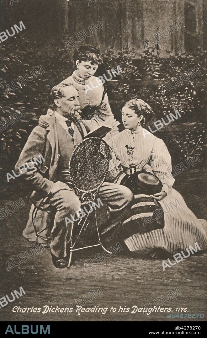 MASON & CO and ROBERT HINDRY MASON. 'Charles Dickens Reading to his Daughters', 1865. British novelist Charles Dickens (1812-1870) with his daughters Mary and Kate in the garden of his home, Gad's Hill, in Kent. Postcard.