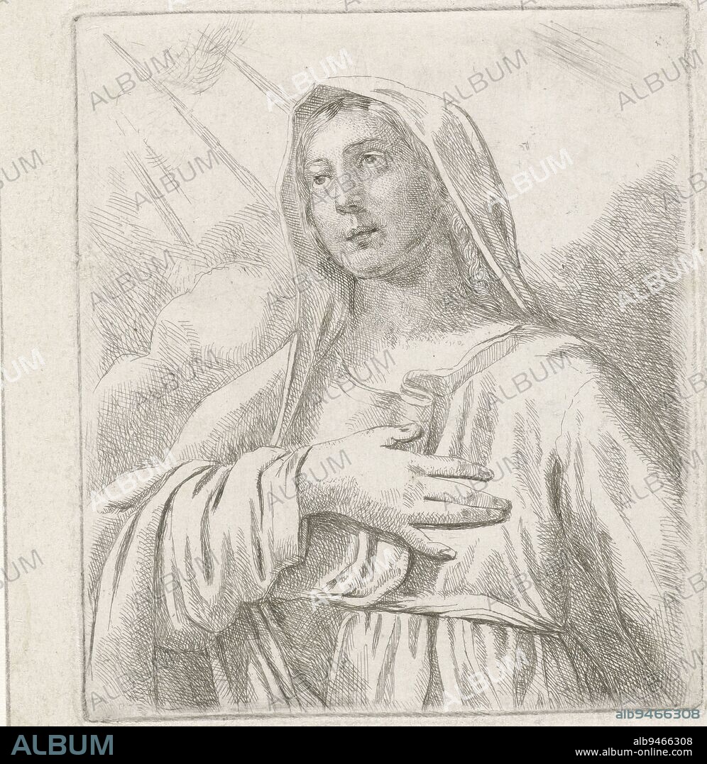 The Virgin Mary holds her right hand on her heart, looking up to heaven. She wears a veil and has a girdle around her waist., Virgin Mary, print maker: Elisabeth Alida Haanen, 1819 - 1845, paper, etching, h 86 mm × w 75 mm.