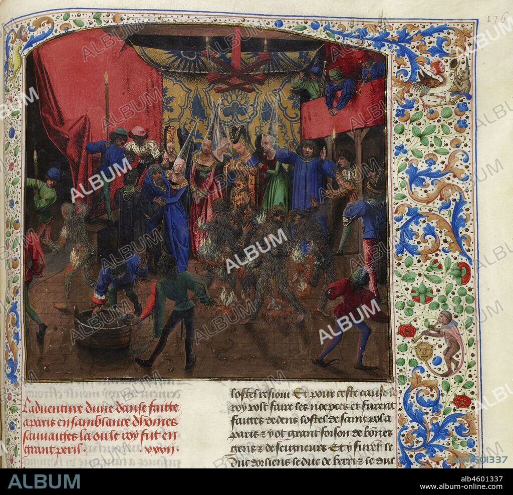 ANONYMOUS. Bal des Ardents (Miniature from the Grandes Chroniques de France by Jean Froissart).