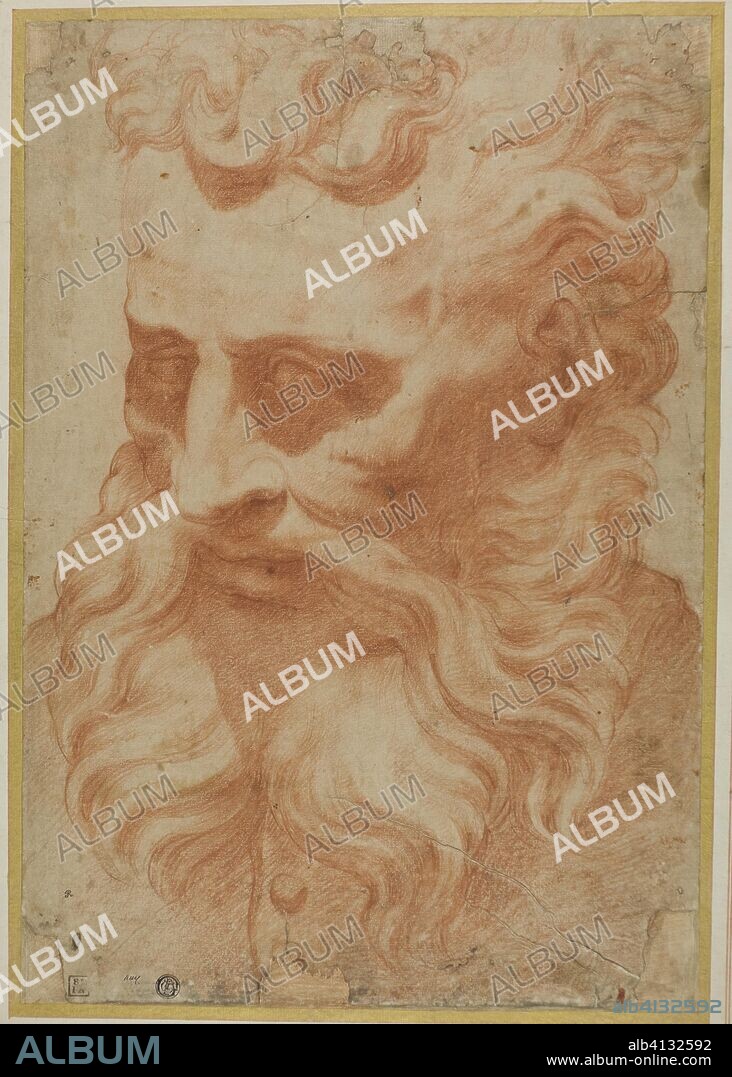 DANIELA DA VOLTERRA. Head of God the Father. Attributed to Daniele Ricciarelli, called Daniele da Volterra; Italian, 1509-1566. Date: 1509-1566. Dimensions: 419 x 290 mm. Red chalk on ivory laid paper, laid down on board. Origin: Italy.