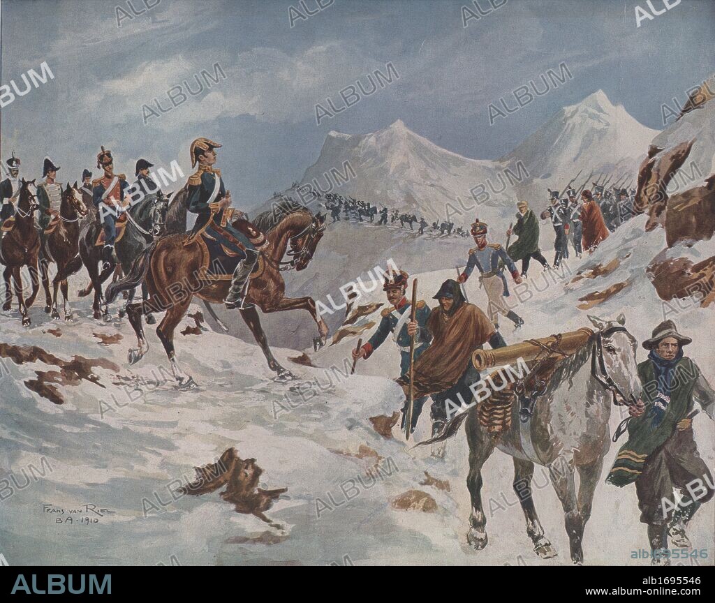 Argentina. El general San Martín pasando los Andes con el cuerpo expedicionario de 4.000 hombres, 17 de enero de 1817. Dibujo de Franz van Riel, Buenos Aires, 1910.