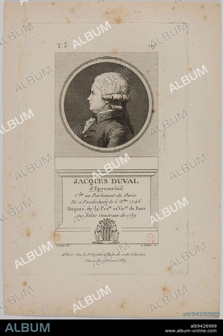 Portrait of Jacques Duval, Le Tellier, Charles-François, Engraver, Labadye, Charles Toussaint, Draughtsman, About 1789, Graphic arts, Print, Etching, Burin, Dimensions - Plate section:, Height: 21.5 cm, Width: 13.5 cm, Height: 26.5 cm, Width: 18.2 cm.
