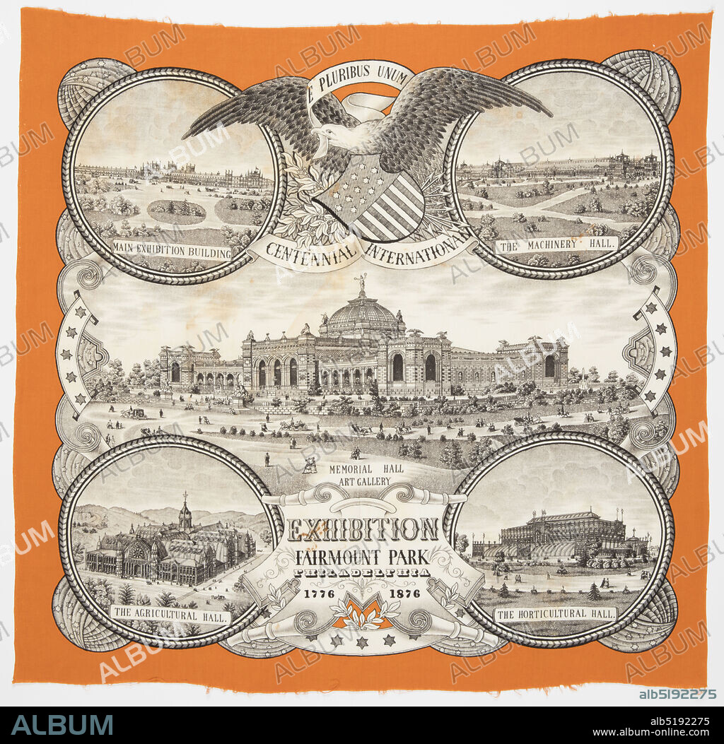 Handkerchief, L. & G. Cramer, German, Medium: cotton Technique: printed by engraved roller on plain weave, Commemorative handkerchief made for the Centennial Exhibition of 1876. In the center is the Memorial Hall Art Gallery surrounded by roundels containing the Agricultural Hall, Horticultural Hall, Machinery Hall, and the Main Exhibition Building. Between the two top roundels is an eagle with a shield flag and a banner clasped in its beak that reads E Pluribus Unum. Border is orange while the exhibition buildings are black and white., Düsseldorf, Germany, 1876, printed, dyed & painted textiles, Handkerchief.