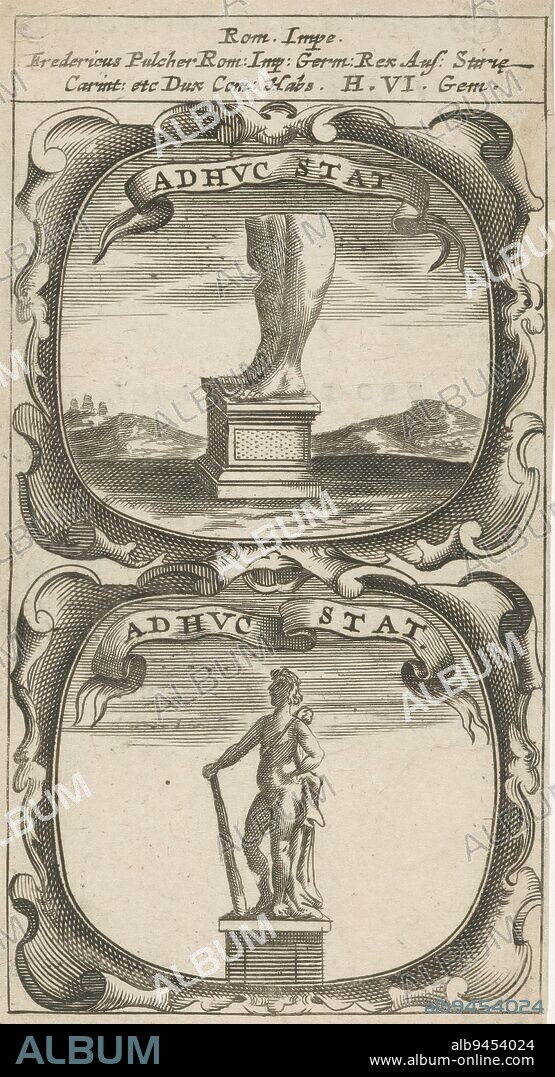 Statue of two lower legs / Statue of Hercules, Adhuc Stat / Adhuc Stat (title on object), Symbola Divina et Humana Pontificum Imperatorum Regum (series title), An emblem with two representations. Above a landscape with a statue of two lower legs. Below a statue of Hercules with club. These are currencies of Emperor Frederick the Beautiful., print maker: anonymous, after print by: Aegidius Sadeler (II), 1666, paper, engraving, letterpress printing, height 122 mm × width 66 mm.