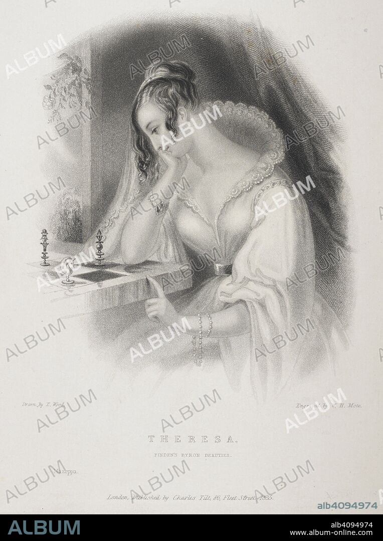 WILLIAM FINDEN and W. H. MOTE. Theresa, from the poem 'Mazeppa'. Portrait of a young woman looking at a chessboard. [Finden's Byron Beauties.] Le Byron des dames; or, Portraits of the principal female characters in Lord Byron's poems. London : Charles Tilt, 1836. Source: 11661.t.20. Language: English/French.