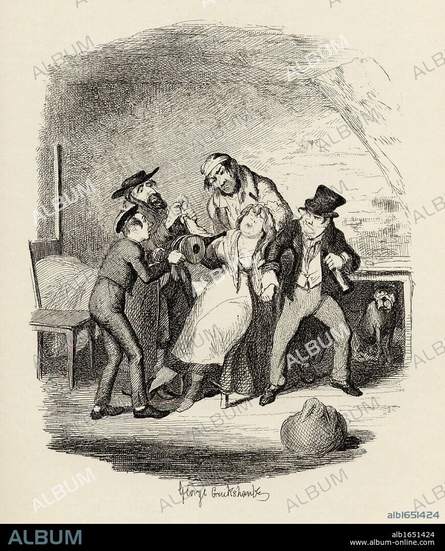 Mr.Fagin and his pupil recovering Nancy. From the book "The Adventures of Oliver Twist" by Charles Dickens, with illustrations by G.Cruikshank. Published by Chapman and Hall, London 1901.