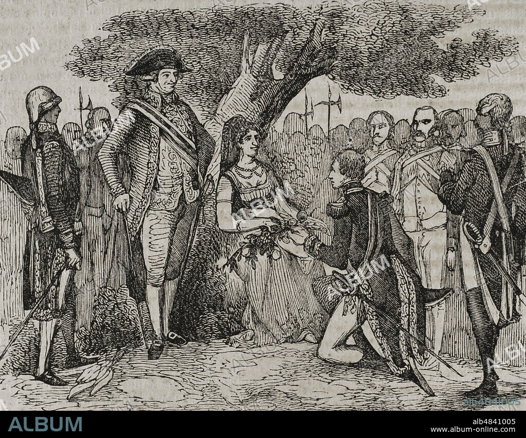 La Guerra de las Naranjas (mayo-julio de1801). "Las naranjas de Yelves". España y Francia eran aliadas contra Gran Bretaña por el Tratado de San Ildefonso. Portugal permitía a Gran Bretaña que sus barcos utilizaran los puertos portugueses. Napoléon, en guerra contra los ingleses, obligó a Carlos IV declarar la guerra a Portugal. Badajoz se convirtió en sede de un contingente militar al mando del primer ministro Godoy. Este ejército entró en Portugal conquistando la ciudad de Olivenza y una parte del Alentejo, lo cual obligó a los soldados portugueses a refugiarse en los fuertes de Elvas (Yelves) y Campomayor. Durante la toma de Elvas (Yelves) los soldados españoles cortaron unos ramilletes de naranjas de sus jardines y se los entregaron a Godoy como premio por la victoria. Godoy se lo hizo llegar a la Reina María Luisa. Grabado. Historia del Levantamiento, Guerra y Revolución de España, por el conde de Toreno. Madrid,1851.
